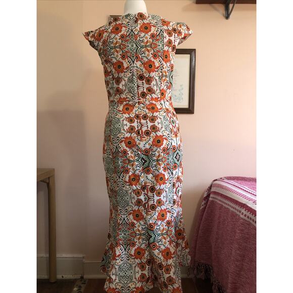 NWT Anthropologie Orange Floral Maxi Bodycon Dress Cap Sleeve Large Fishtail - Picture 5 of 11